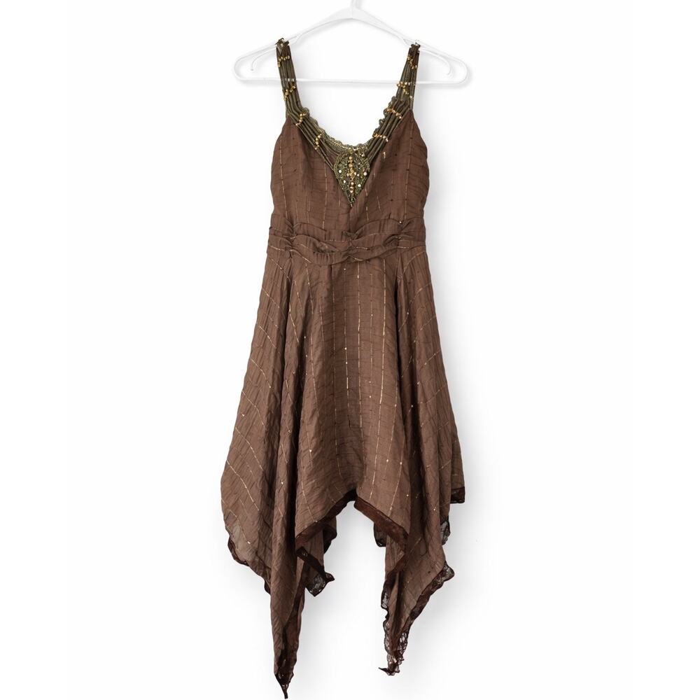 brown lace handkerchief dress Source Unknown | Dresses | Calle Calle Calle Boho Beaded Festival Mini Size Large Lace trim